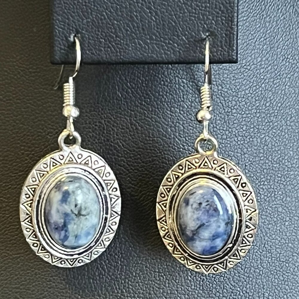 Taxco‑Style Sodalite Earrings – Antique Silver‑Tone Setting – Oval Cabochons